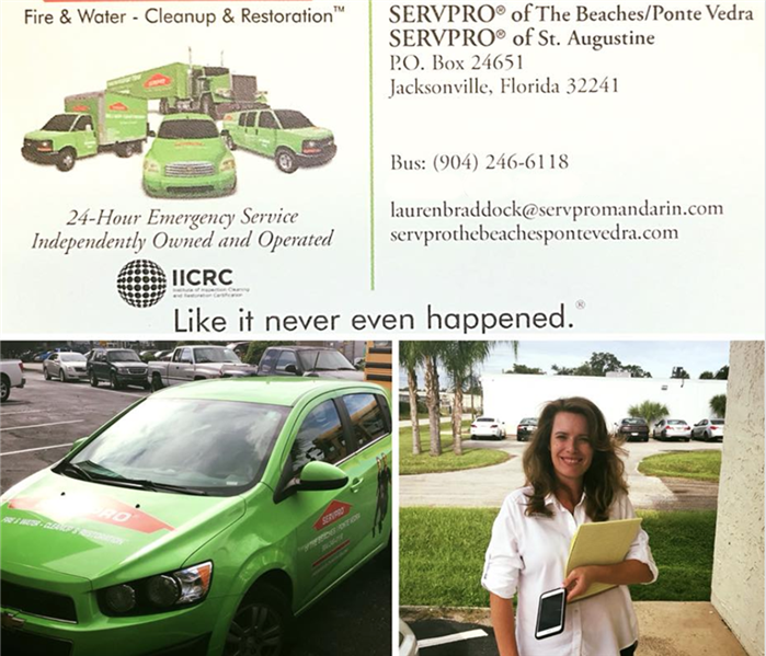 Image shows collage of green vehicle, female marketing representative and business card.