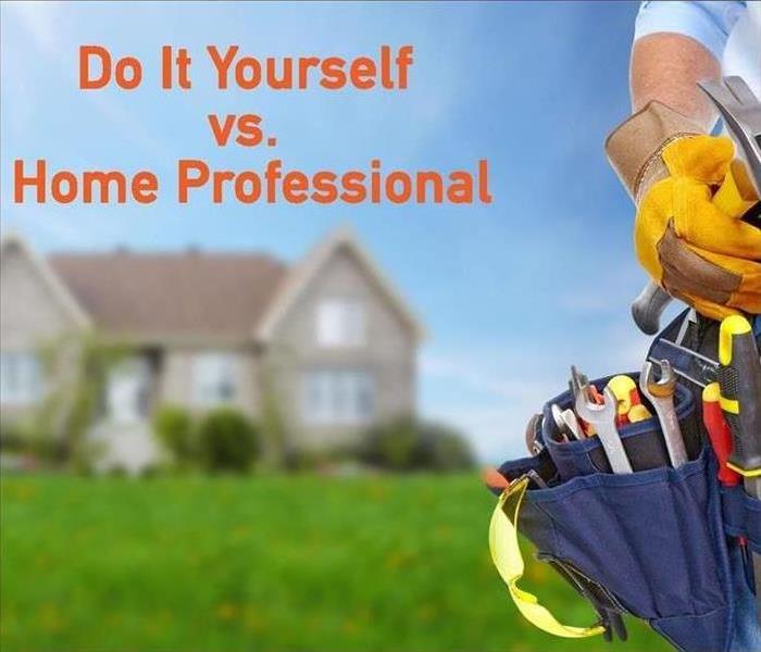 Photo shows a home in the background and a professional contractor wearing a tool belt in the foreground.